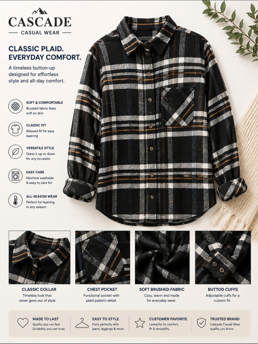 Cascade Womens Black & Brown Plaid Button-Up Shirt